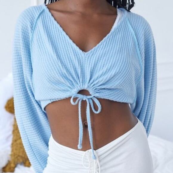 Out from under joey waffle knit v neck cropped long puff sleeve tie ballet-core - Picture 1 of 6